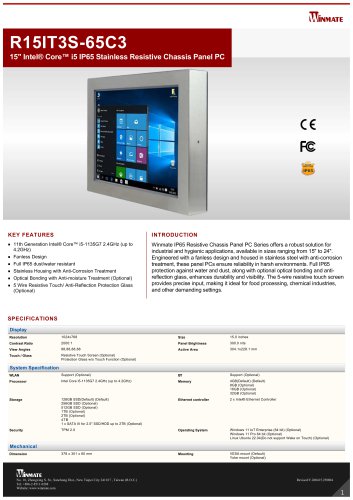 15" Intel&reg; Core&trade; i5 IP65 Stainless Resistive Chassis Panel PC R15IT3S-65C3