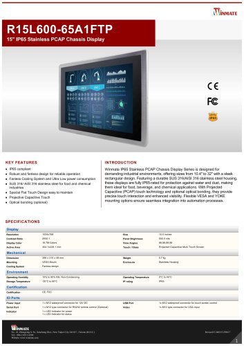 15" IP65 Stainless PCAP Chassis Display R15L600-65A1FTP