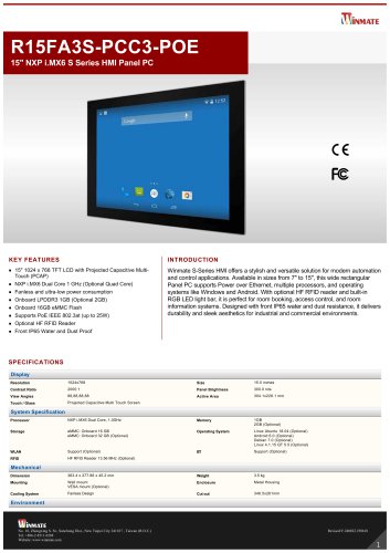 15" NXP i.MX6 S Series HMI Panel PC R15FA3S-PCC3-POE
