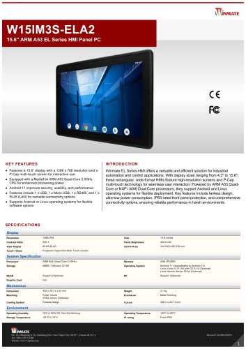 15.6" ARM A53 EL Series HMI Panel PC W15IM3S-ELA2