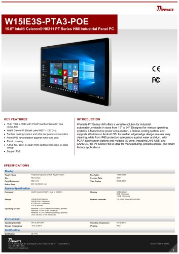 15.6" Intel&reg; Celeron&reg; N6211 PT Series HMI Industrial Panel PC W15IE3S-PTA3-POE