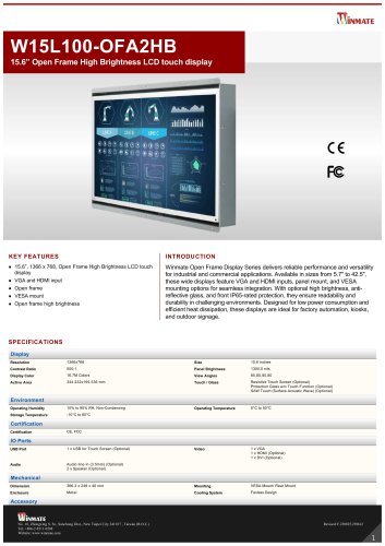 15.6&rdquo; Open Frame High Brightness LCD touch display W15L100-OFA2HB