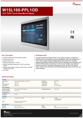 15.6" PCAP Touch Panel Mount Display W15L100-PPL1OD