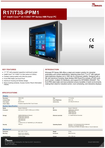  17" Intel&reg; Core&trade; i5-1135G7 PP Series HMI Panel PC R17IT3S-PPM1