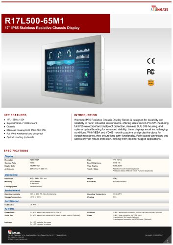 17" IP65 Stainless Resistive Chassis Display R17L500-65M1