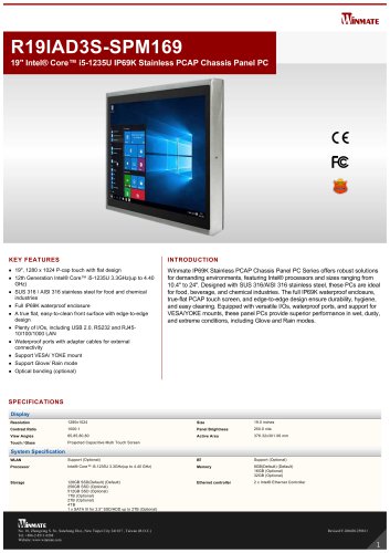 19" Intel&reg; Core&trade; i5-1235U IP69K Stainless PCAP Chassis Panel PC R19IAD3S-SPM169