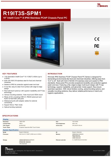 19" Intel&reg; Core&trade; i5 IP65 Stainless PCAP Chassis Panel PC R19IT3S-SPM1