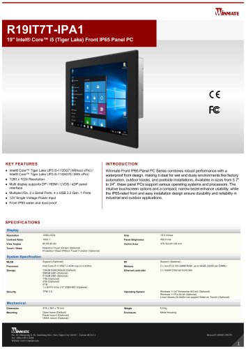 19" Intel&reg; Core&trade; i5 (Tiger Lake) Front IP65 Panel PC R19IT7T-IPA1