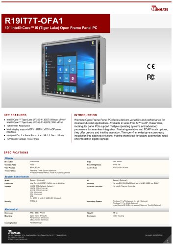 19&rdquo; Intel&reg; Core&trade; i5 (Tiger Lake) Open Frame Panel PC R19IT7T-OFA1