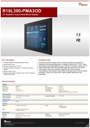 19" Resistive Touch Panel Mount Display R19L300-PMA3OD