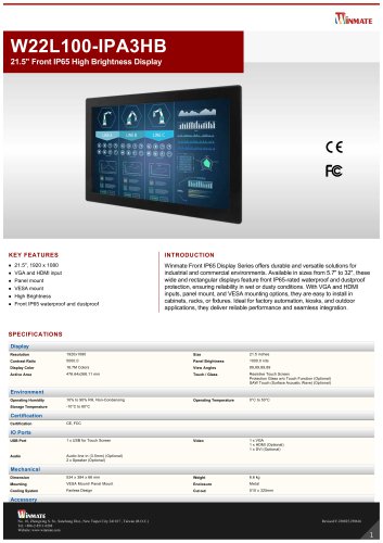 21.5" Front IP65 High Brightness Display  W22L100-IPA3HB 
