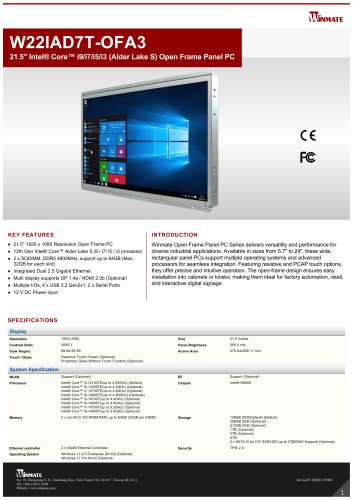 21.5" Intel&reg; Core&trade; i9/i7/i5/i3 (Alder Lake S) Open Frame Panel PC W22IAD7T-OFA3