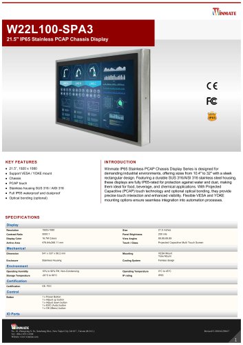 21.5" IP65 Stainless PCAP Chassis Display W22L100-SPA3