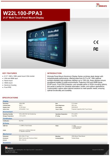 21.5" Multi Touch Panel Mount Display W22L100-PPA3