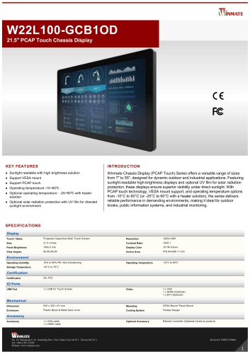21.5" PCAP Touch Chassis Display W22L100-GCB1OD