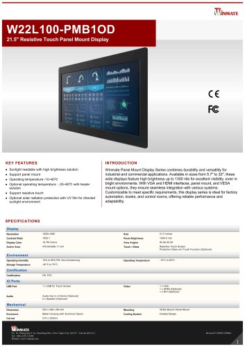 21.5" Resistive Touch Panel Mount Display W22L100-PMB1OD