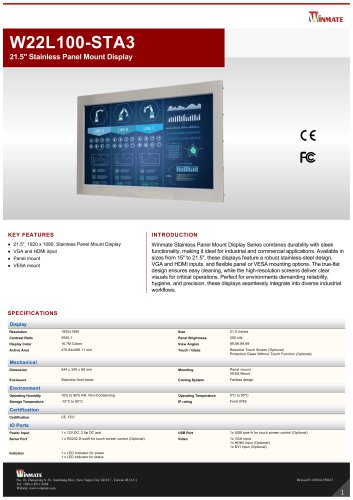 21.5" Stainless Panel Mount Display W22L100-STA3