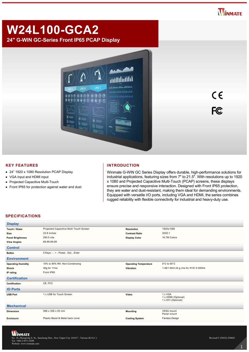 24" G-WIN GC-Series Front IP65 PCAP Display W24L100-GCA2 - Winmate, Inc.