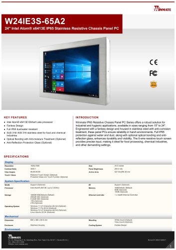 24" Intel Atom&reg; x6413E IP65 Stainless Resistive Chassis Panel PC W24IE3S-65A2