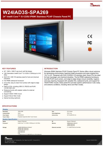 24" Intel&reg; Core&trade; i5-1235U IP69K Stainless PCAP Chassis Panel PC W24IAD3S-SPA269