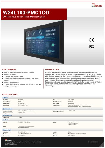 24" Resistive Touch Panel Mount Display W24L100-PMC1OD