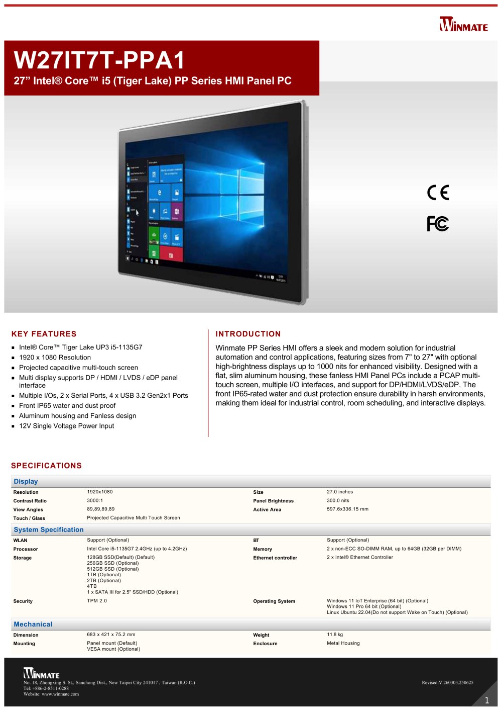 27&rdquo; Intel&reg; Core&trade; i5 (Tiger Lake) PP Series HMI Panel PC W27IT7T-PPA1 - Winmate, Inc.