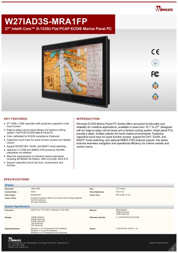 27" Intel&reg; Core&trade; i51335U Flat PCAP ECDIS Marine Panel PC W27IAD3SMRA1FP