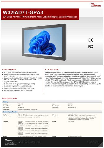 32" Edge AI Panel PC with Intel&reg; Alder Lake S / Raptor Lake S Processor W32IAD7T-GPA3