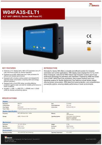 4.3" NXP i.MX6 EL Series HMI Panel PC W04FA3S-ELT1