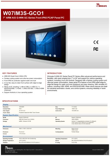 7" ARM A53 G-WIN GC-Series Front IP65 PCAP Panel PC W07IM3S-GCO1