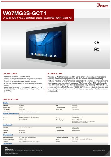 7" ARM A78 + A55 G-WIN GC-Series Front IP65 PCAP Panel PC W07MG3S-GCT1