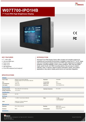 7" Front IP65 High Brightness Display W07T700IPO1HB