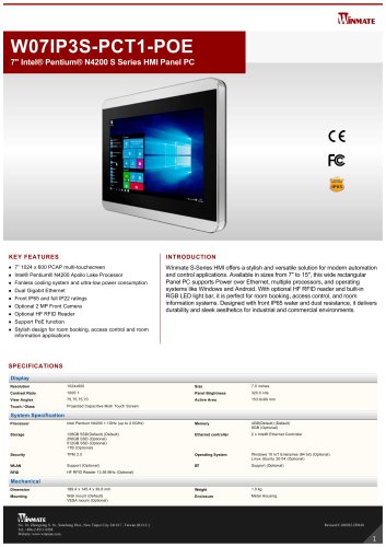 7" Intel&reg; Pentium&reg; N4200 S Series HMI Panel PC W07IP3S-PCT1-POE