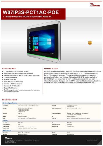 7" Intel&reg; Pentium&reg; N4200 S Series HMI Panel PC W07IP3S-PCT1AC-POE