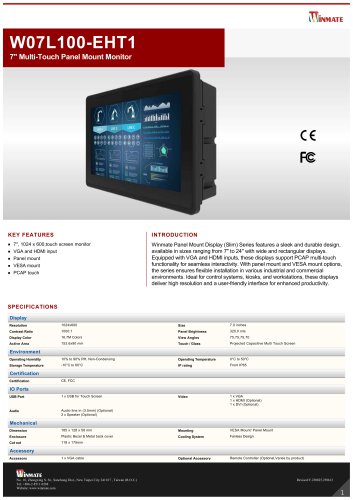 7" Multi-Touch Panel Mount Monitor W07L100-EHT1