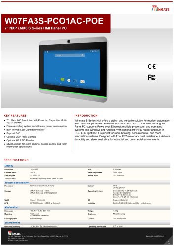 7" NXP i.MX6 S Series HMI Panel PC W07FA3S-PCO1AC-POE