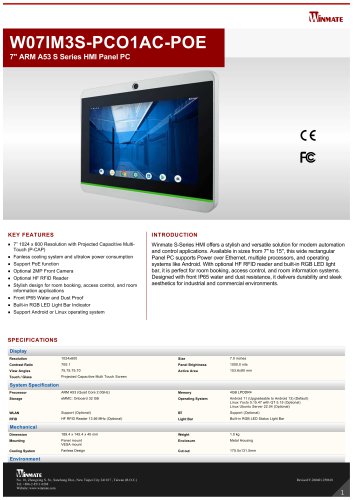 7" Qualcomm Snapdragon&trade; 660 S Series HMI Panel PC W07IQ3S-PCO1AC-POE