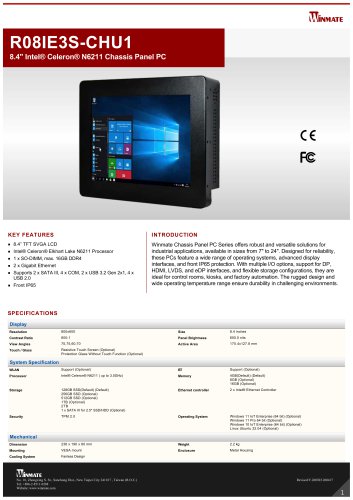 8.4" Intel&reg; Celeron&reg; N6211 Chassis Panel PC R08IE3S-CHU1