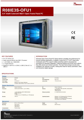 8.4" Intel&reg; Celeron&reg; N6211 Open Frame Panel PC R08IE3S-OFU1