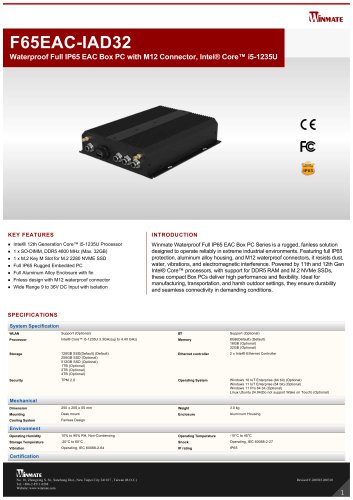 Waterproof Full IP65 EAC Box PC with M12 Connector, Intel&reg; Core&trade; i5-1235U F65EAC-IAD32