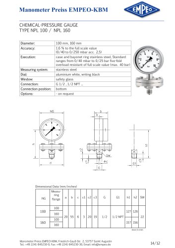 CHEMICAL-PRESSURE GAUGE  TYPE NPL 100 / NPL 160