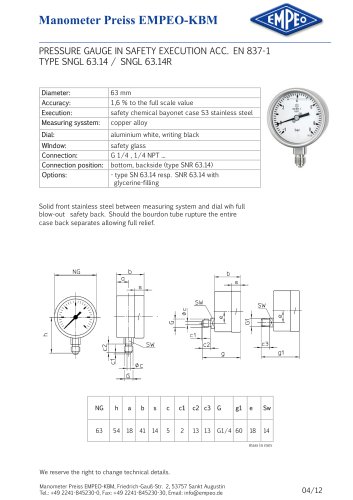 PRESSURE GAUGE IN SAFETY EXECUTION ACC. EN 837-1 TYPE SNGL 63.14 / SNGL 63.14R