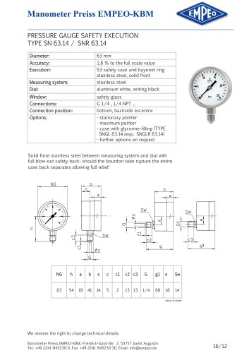 PRESSURE GAUGE SAFETY EXECUTION TYPE SN 63.14 / SNR 63.14