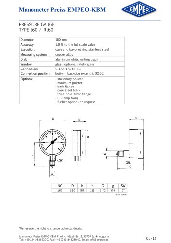 PRESSURE GAUGE TYPE 160 / R160