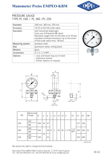 PRESSURE GAUGE TYPE PL 100 / PL 160 /PL 250