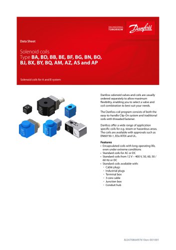 Solenoid coils Type BA, BD, BB, BE, BF, BG, BN, BO, BJ, BX, BY, BQ, AM, AZ, AS and AP