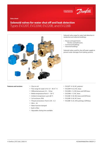 Solenoid valves for water shut off and leak detection Types EV220T, EV220W, EV220B, and EV228B