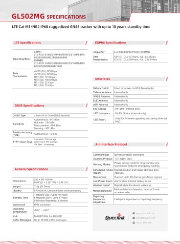 GL502MG-LTE Cat M1/NB2 IP68 ruggedized GNss tracker with up to 10 years standby time