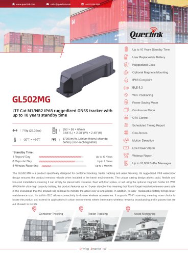 GL502MG-LTE Cat M1/NB2 IP68 ruggedized GNss tracker withup to 10 years standby time