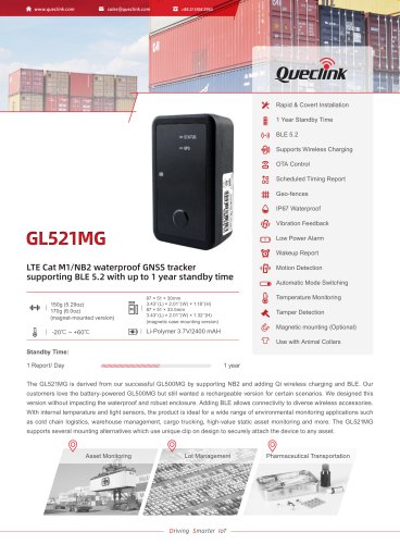 GL521MG-LTE Cat M1/NB2 waterproof GNss trackersupporting BLE 5.2 with up to 1 year standby time